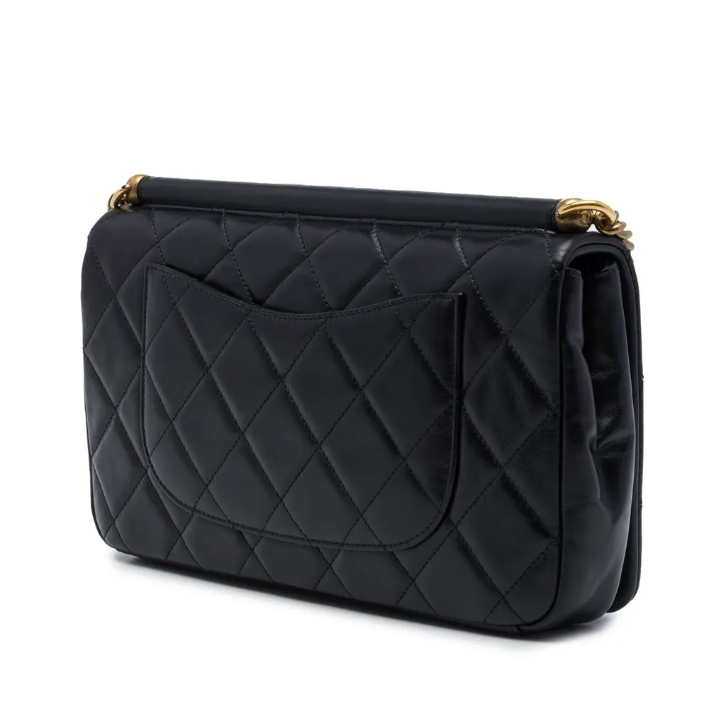 Chanel Paris Rome Quilted Lambskin Gold Bar Flap Black Leather Very good - Back View