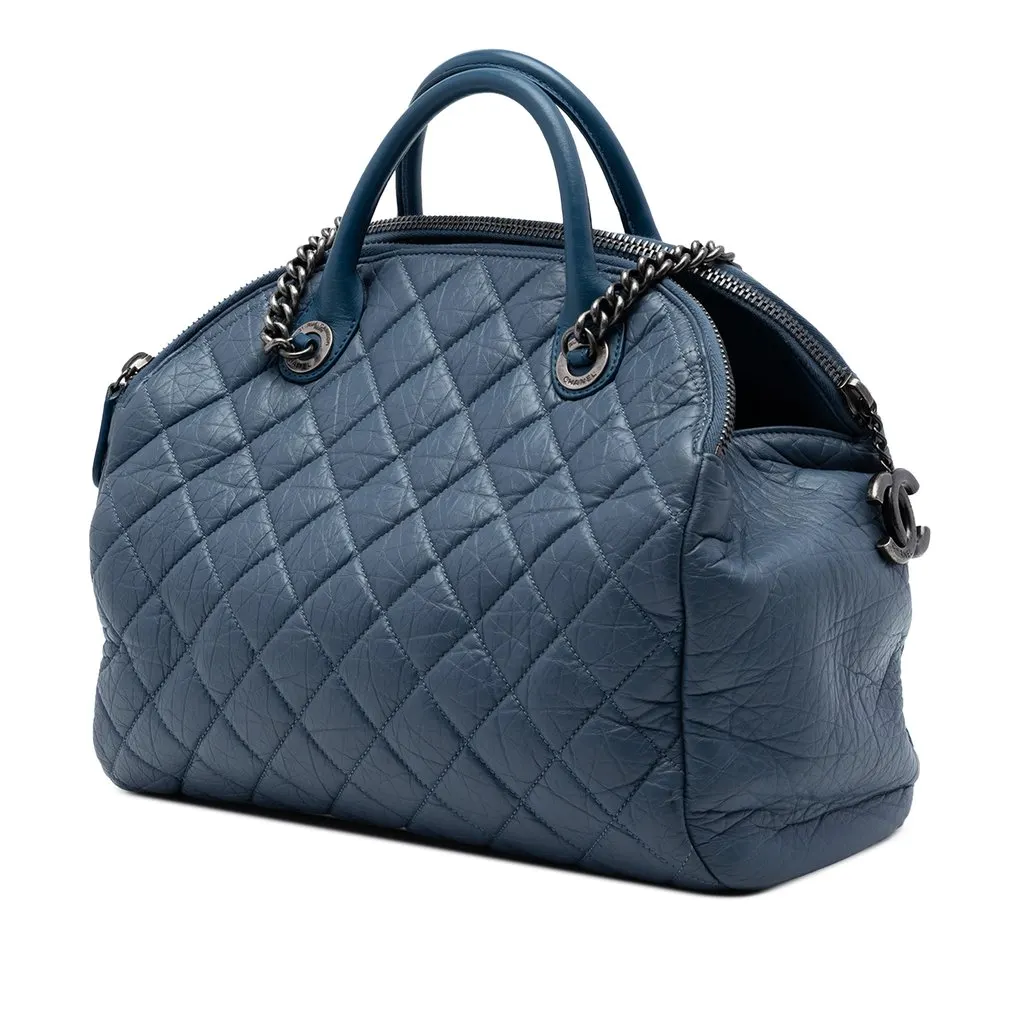 Chanel CC Quilted Aged Calfskin Bowling Bag Blue Leather Very good - Back View