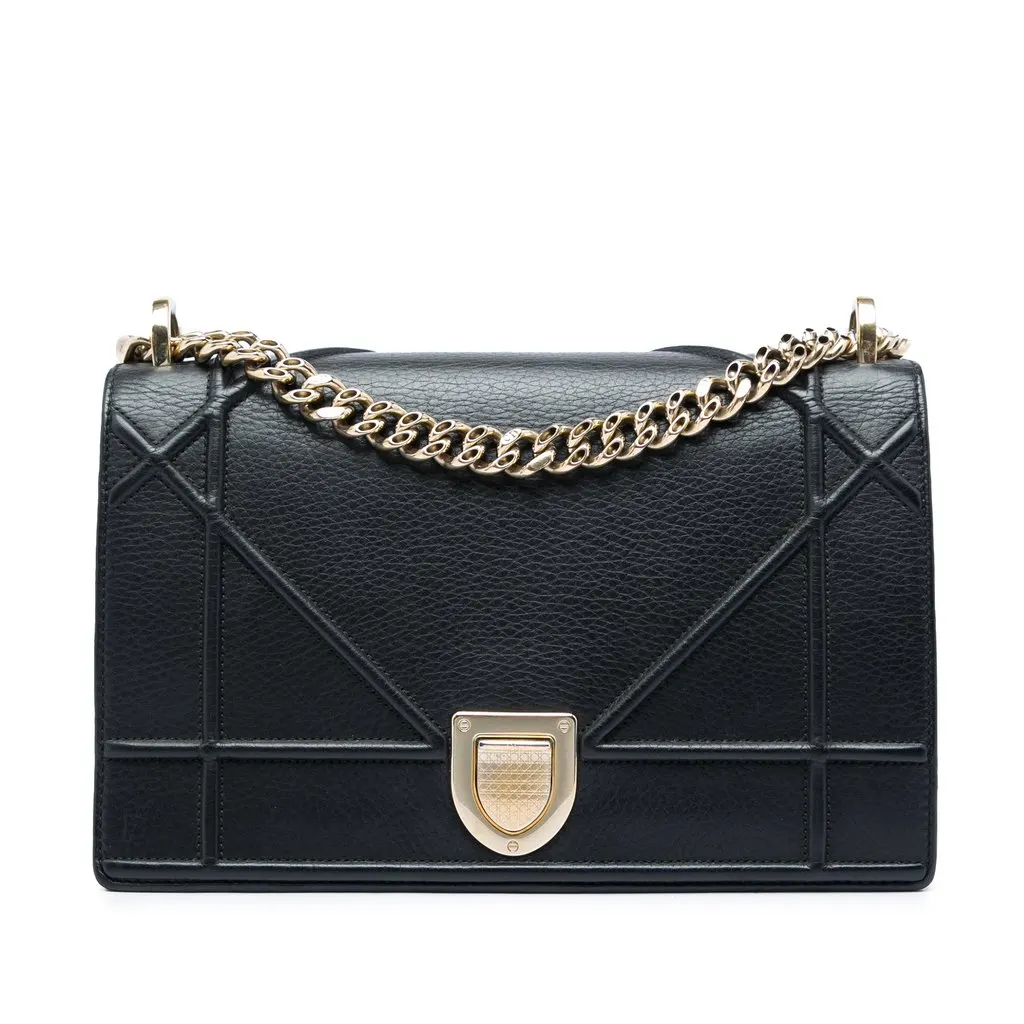 Dior Medium Grained Calfskin Diorama Flap Black Leather Good - Front View