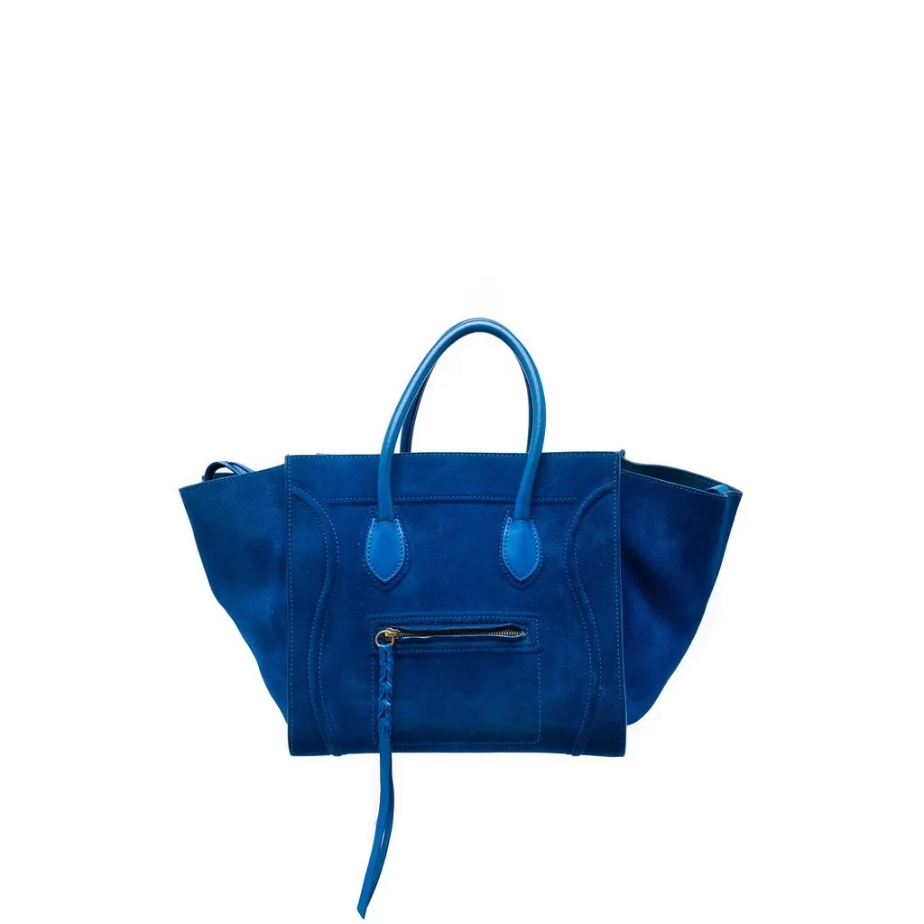 Celine Medium Suede Phantom Luggage Tote Blue Leather Very good - Front View