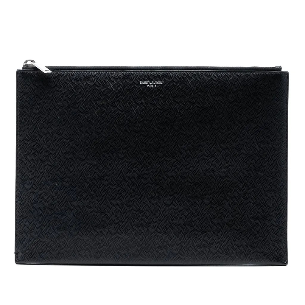 Saint Laurent Grained Leather Zip Clutch Black Leather Very good - Front View