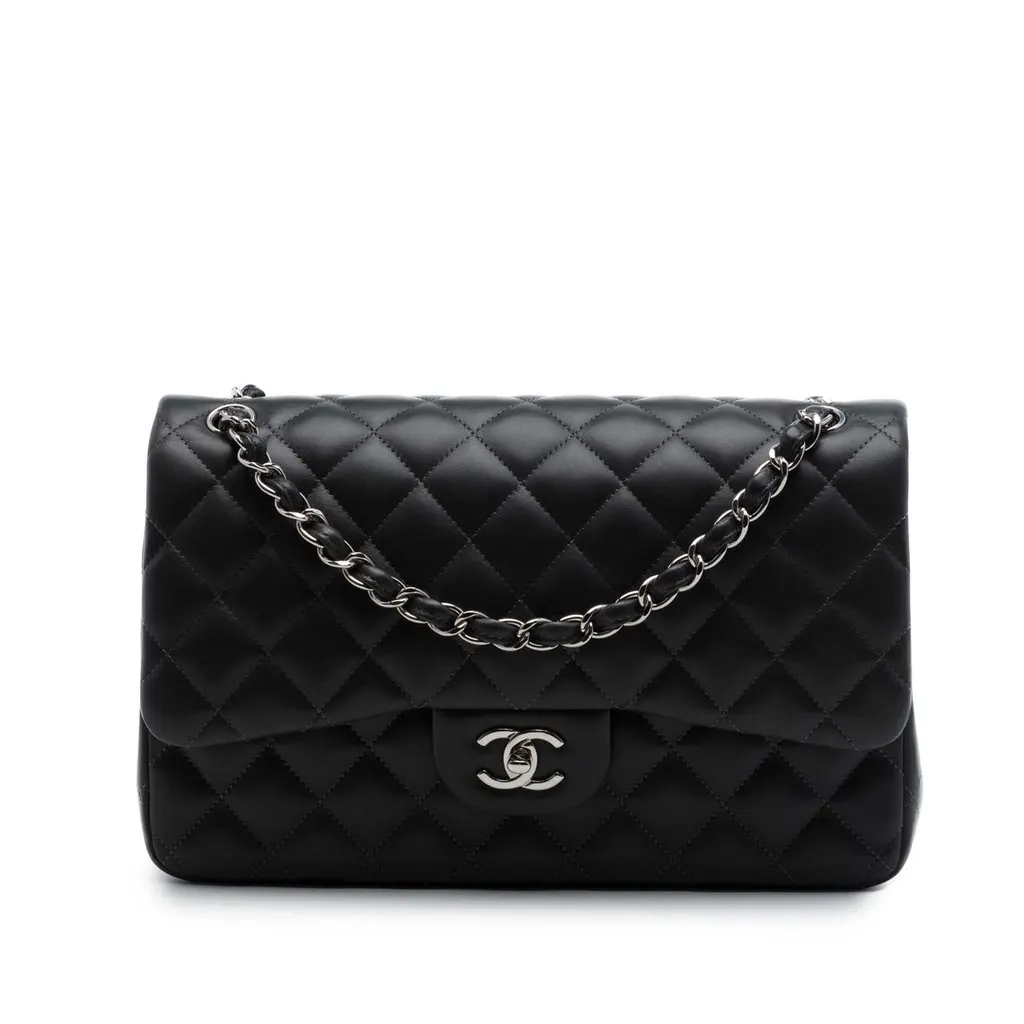 Chanel Jumbo Classic Lambskin Double Flap Black Leather Very good - Front View