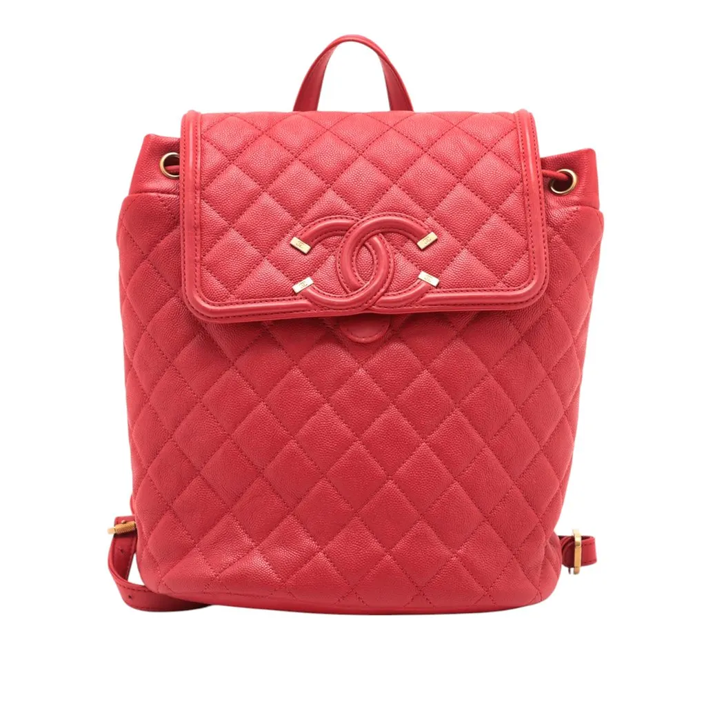 Chanel Quilted Caviar CC Filigree Backpack Red Leather Very good - Front View