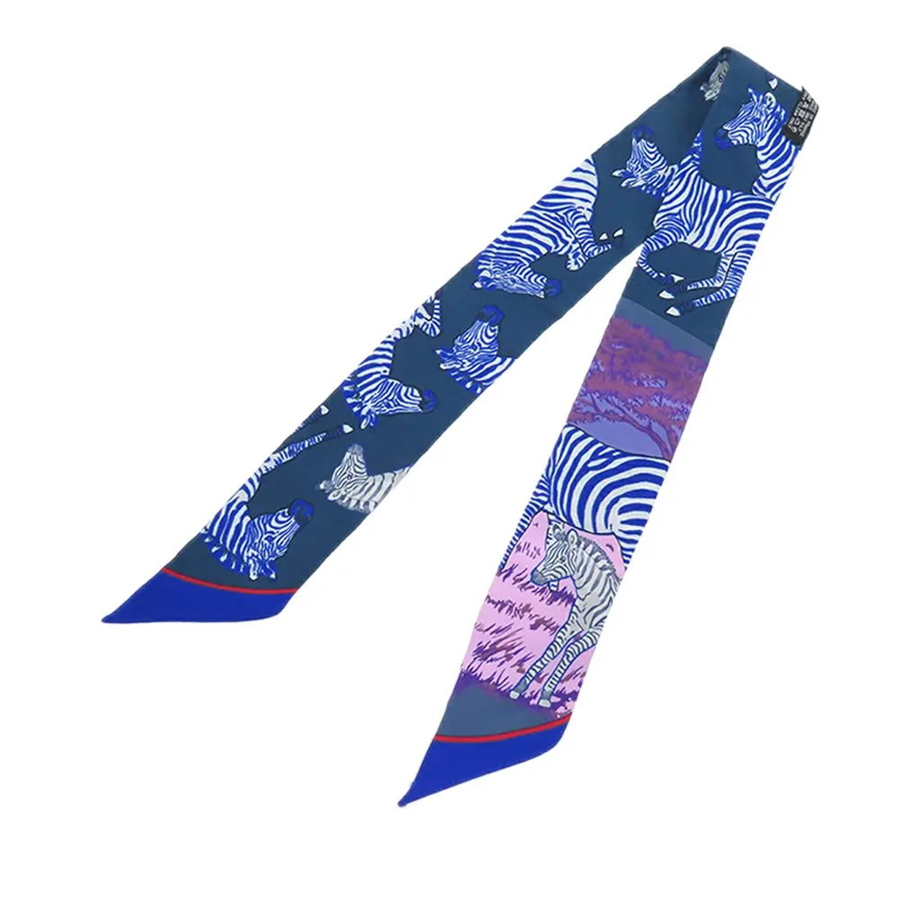 Hermès Les Zebres Silk Twilly Scarf Blue Very good - Front View