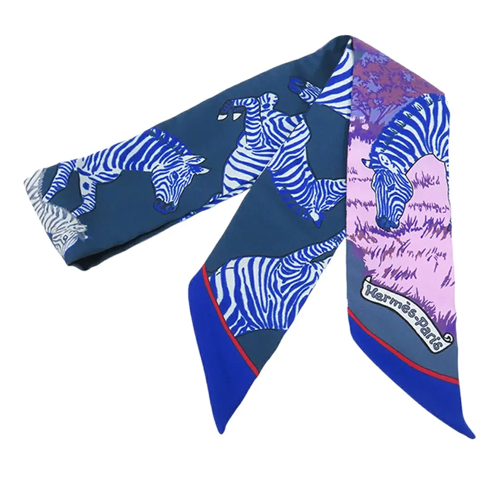 Hermès Les Zebres Silk Twilly Scarf Blue Very good - Back View