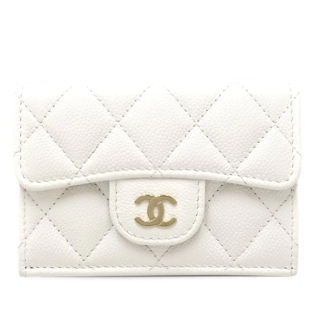 Chanel CC Quilted Caviar Flap Card Holder Wallet White Leather Very good - Front View