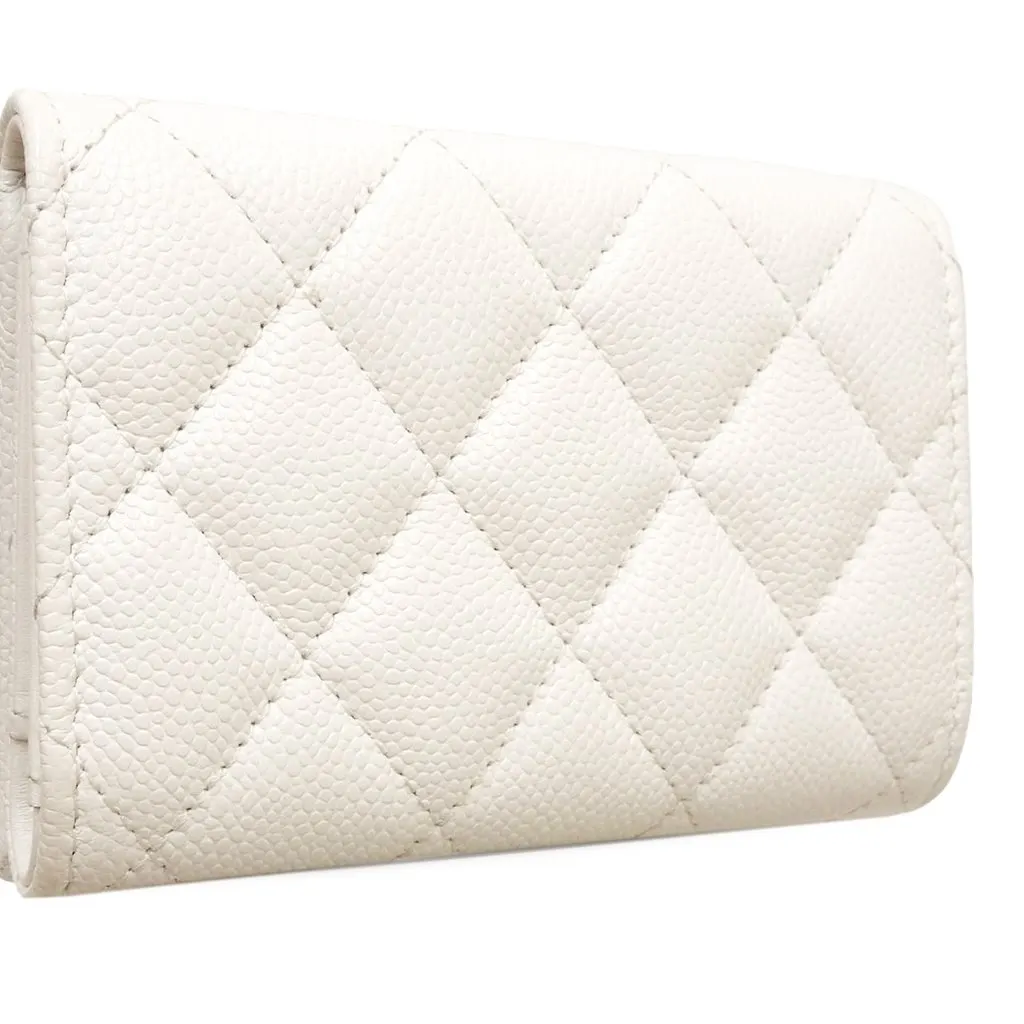 Chanel CC Quilted Caviar Flap Card Holder Wallet White Leather Very good - Back View