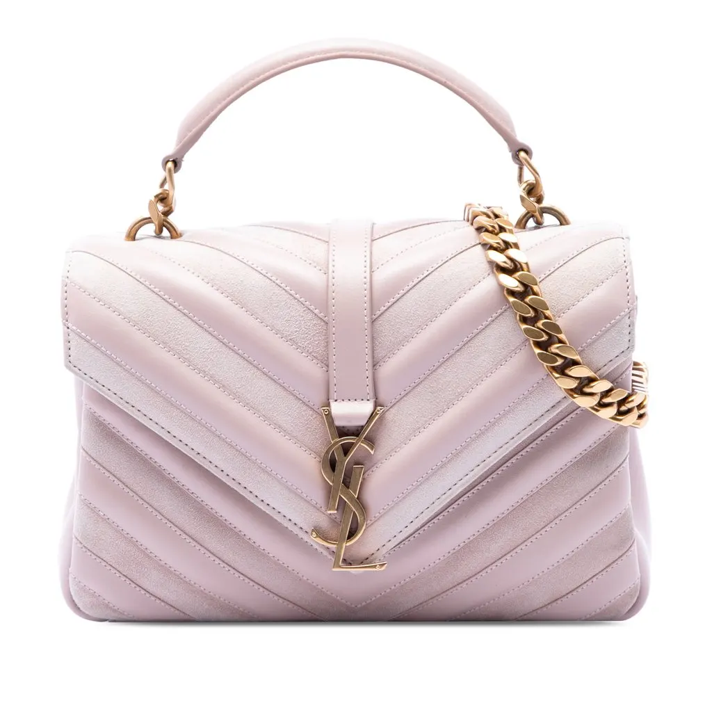 Saint Laurent Medium Calfskin and Suede Chevron Monogram College Satchel Pink Leather Very good - Front View