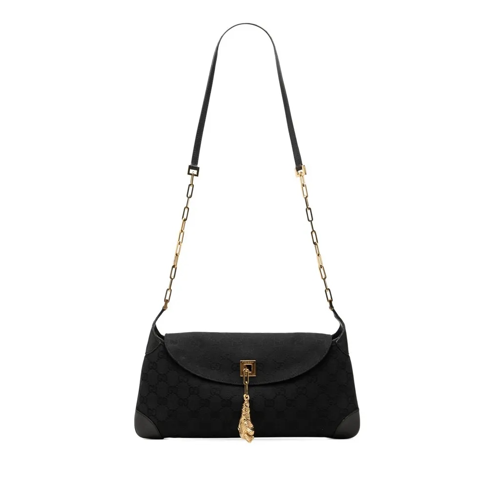 Gucci GG Canvas Tiger Charm Shoulder Bag Black Canvas Good - Front View