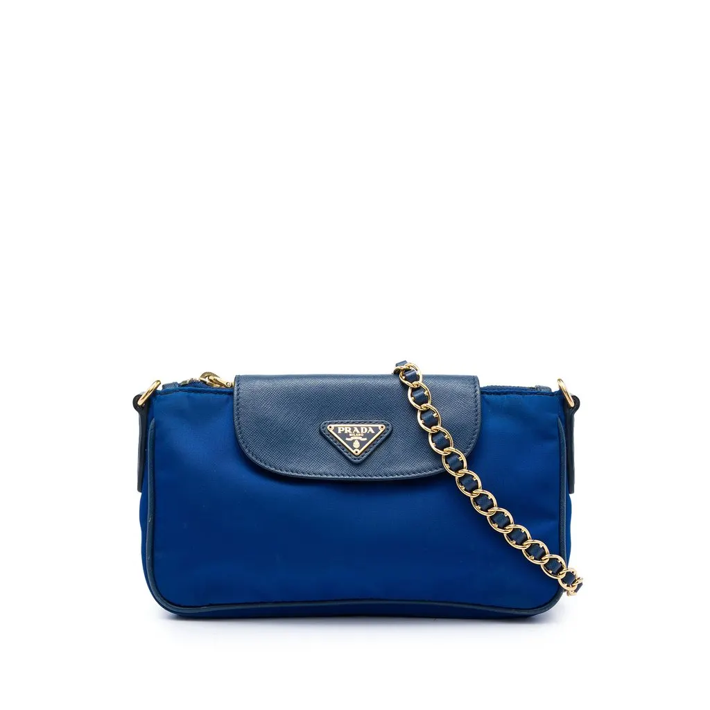 Prada Saffiano Trimmed Tessuto Chain Crossbody Blue Very good - Front View