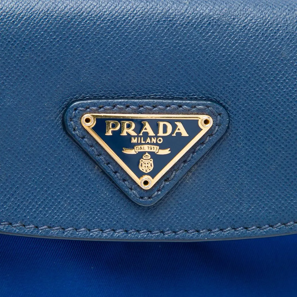 Prada Saffiano Trimmed Tessuto Chain Crossbody Blue Very good - Box View