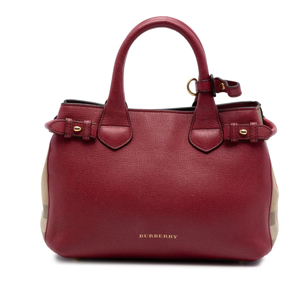 Burberry Small Grainy Calfskin and House Check Banner Satchel Red Leather Very good - Front View