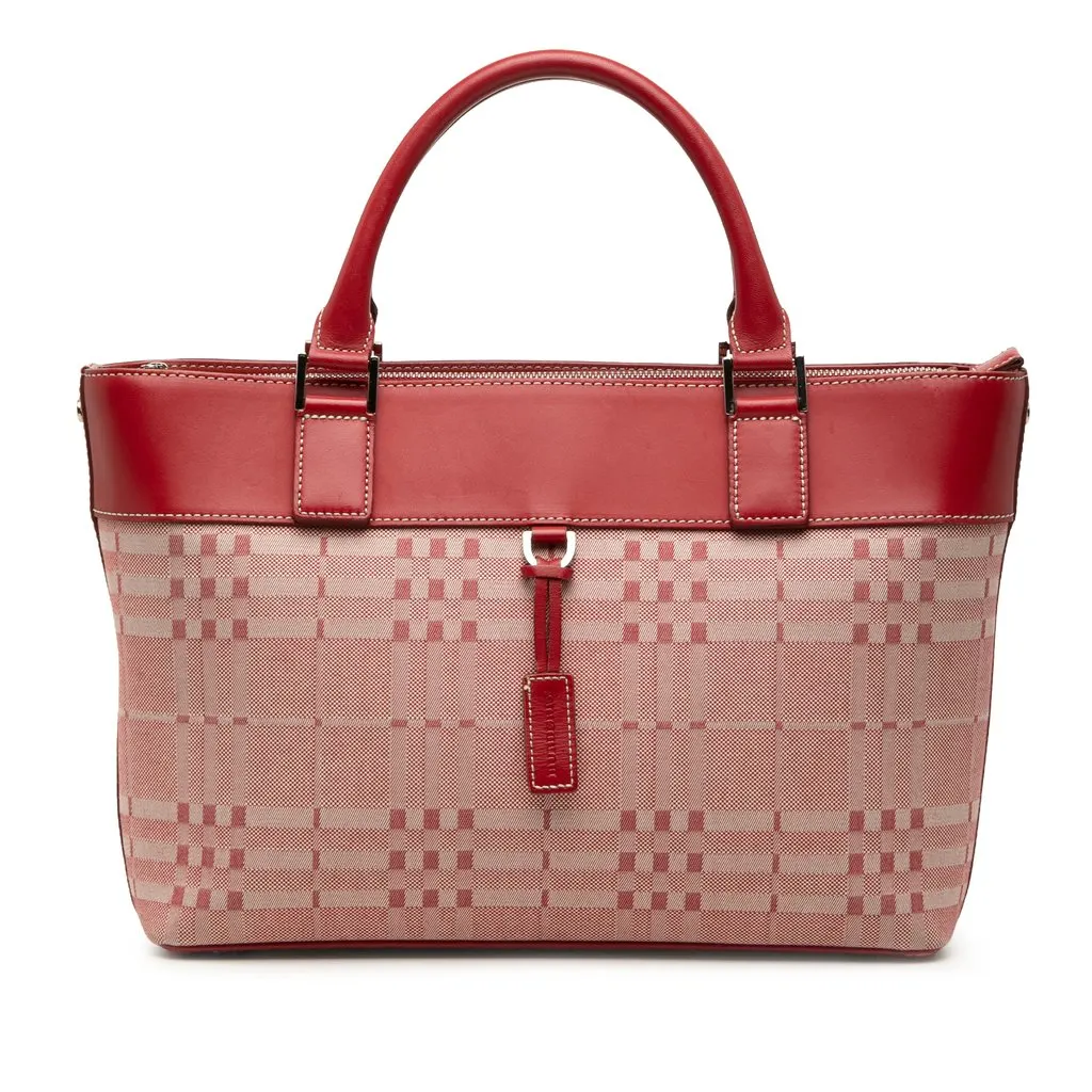 Burberry Leather Trimmed Tonal Check Canvas Handbag Red Very good - Front View