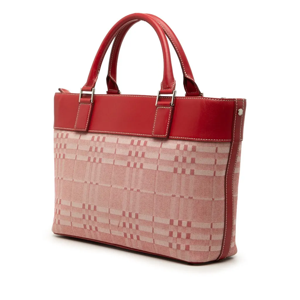 Burberry Leather Trimmed Tonal Check Canvas Handbag Red Very good - Back View