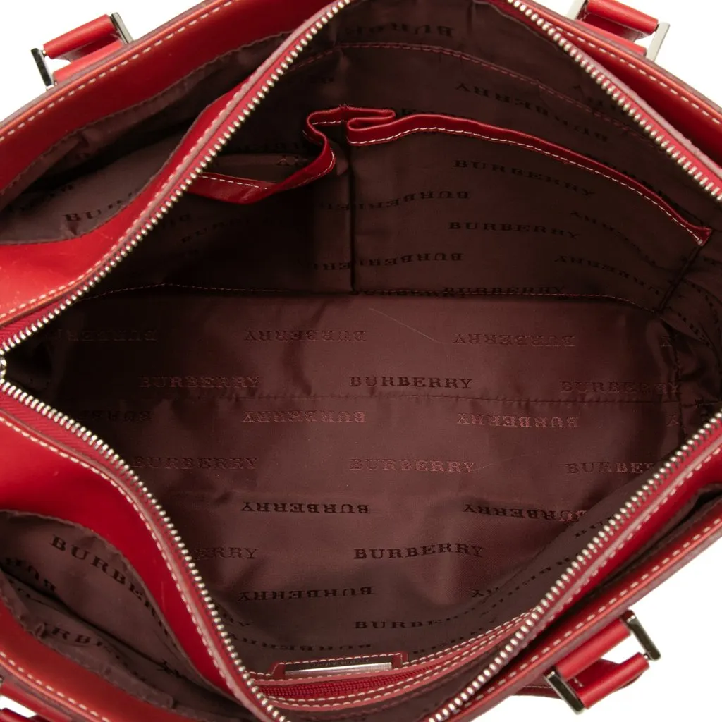Burberry Leather Trimmed Tonal Check Canvas Handbag Red Very good - Model View