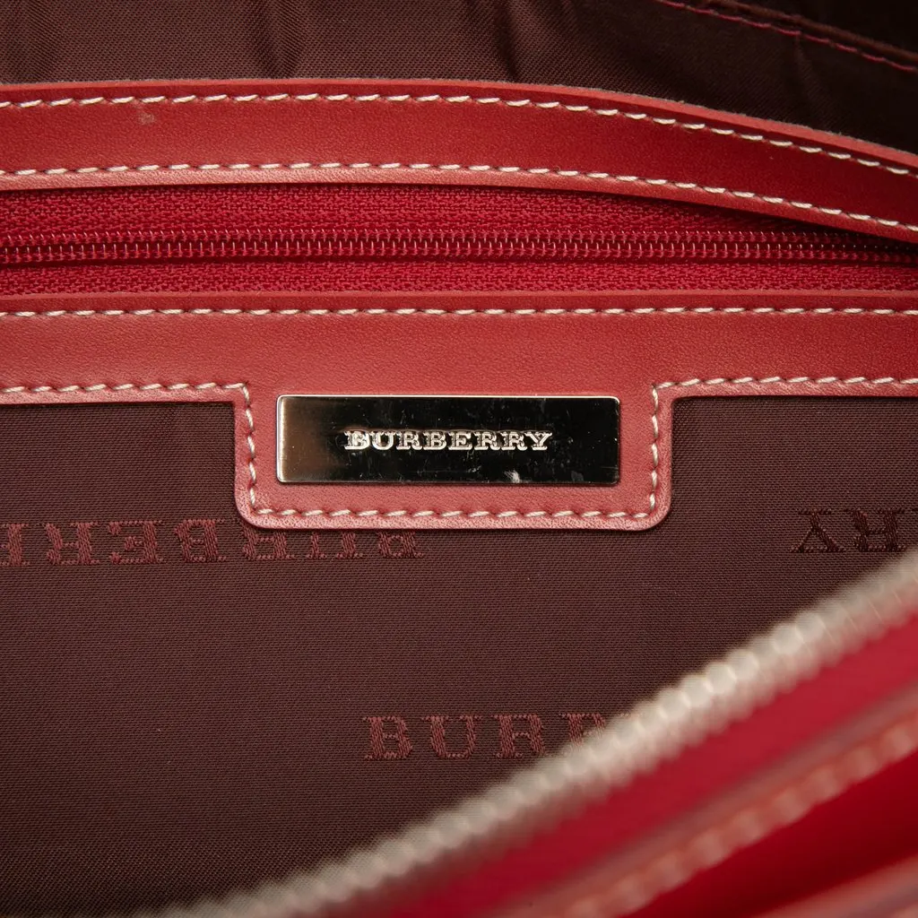 Burberry Leather Trimmed Tonal Check Canvas Handbag Red Very good - Box View