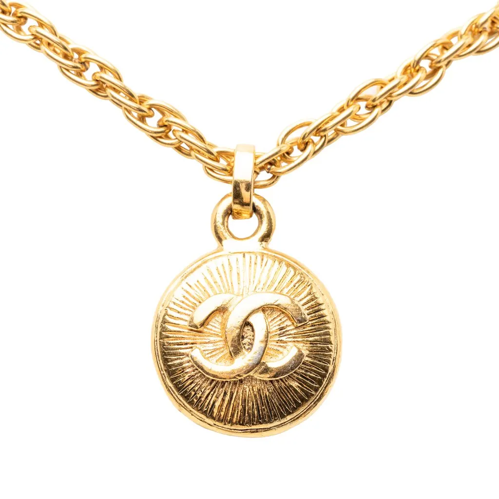 Chanel CC Gold Plated Sunburst Round Pendant Necklace Gold Metal Very good - Back View