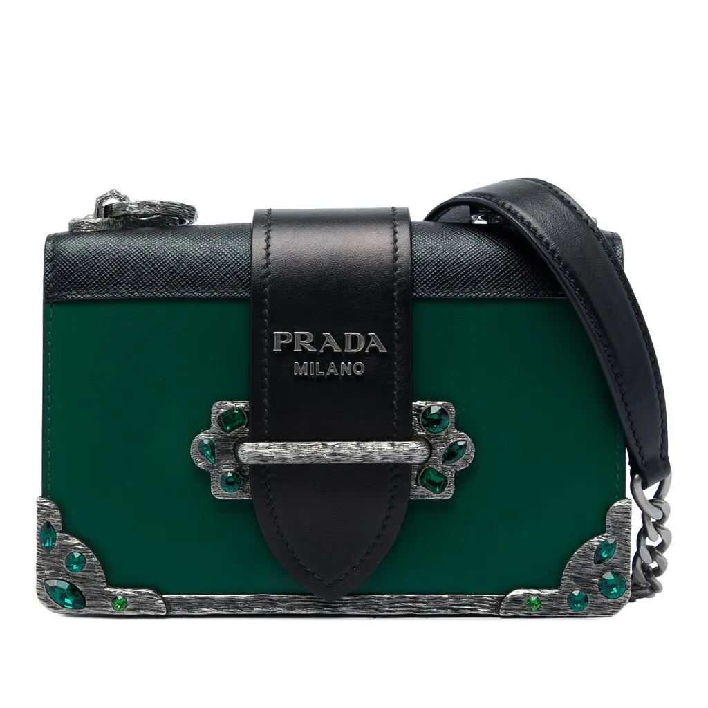 Prada Saffiano Trimmed City Calf Crystal Cahier Crossbody Green Leather Very good - Front View