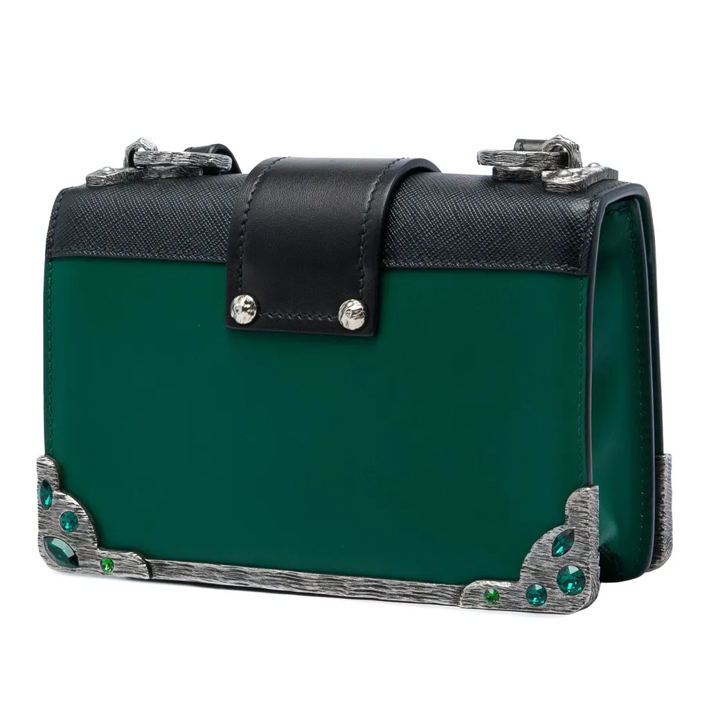 Prada Saffiano Trimmed City Calf Crystal Cahier Crossbody Green Leather Very good - Back View