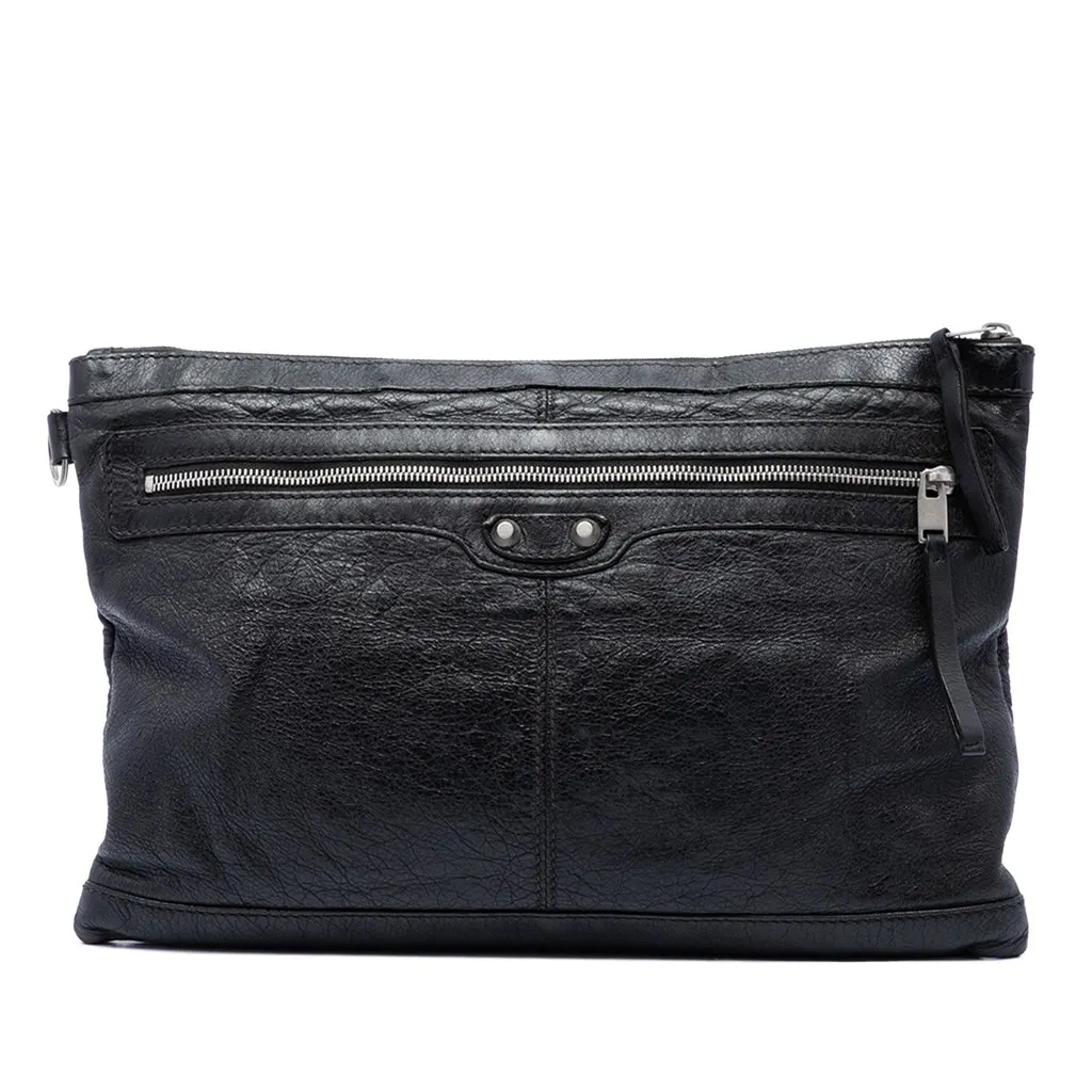 Balenciaga Lambskin Motocross Classic Clip Clutch L Black Leather Good - Front View
