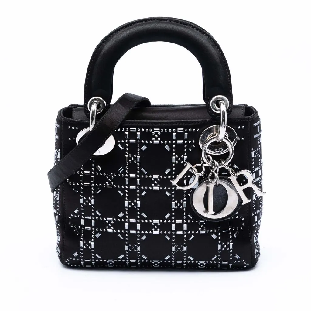 Dior Mini Satin Cannage Strass Crystal Embellished Lady Dior Black Very good - Front View
