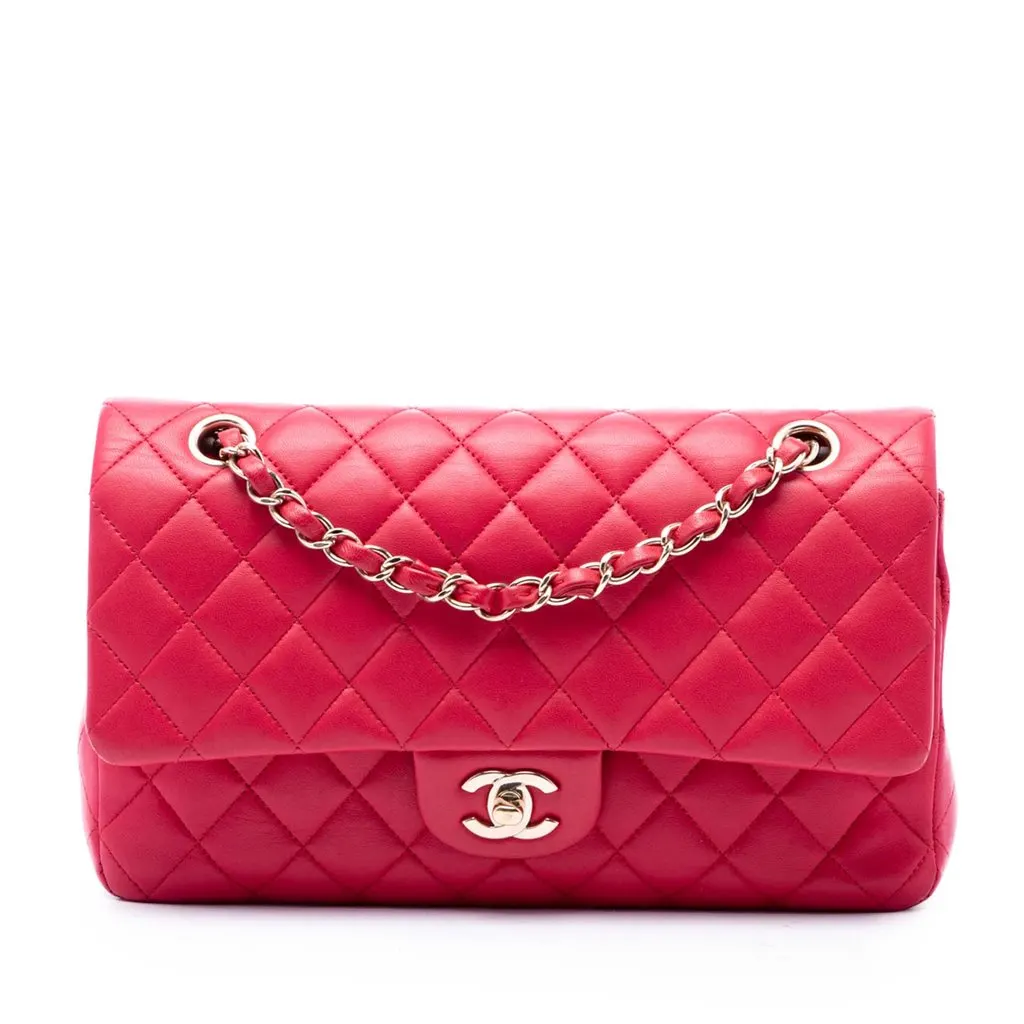 Chanel Medium Classic Lambskin Double Flap Pink Leather Very good - Front View