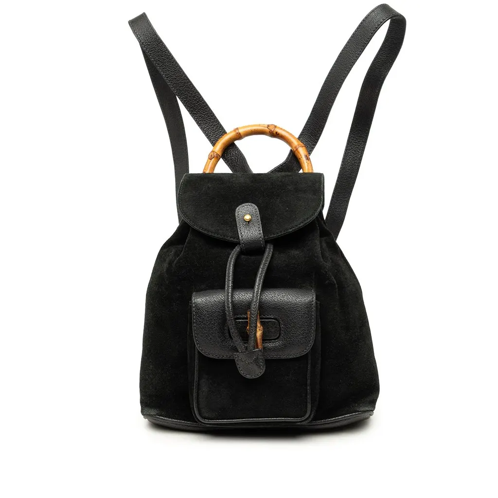 Gucci Suede Bamboo Drawstring Backpack Black Suede Good - Front View