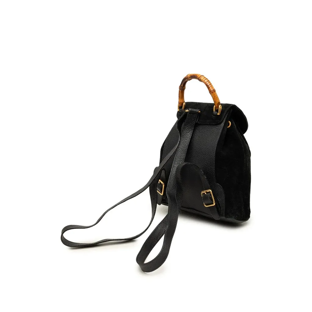 Gucci Suede Bamboo Drawstring Backpack Black Suede Good - Back View