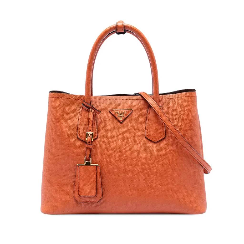 Prada Medium Saffiano Cuir Double Handle Satchel Orange Leather Very good - Front View