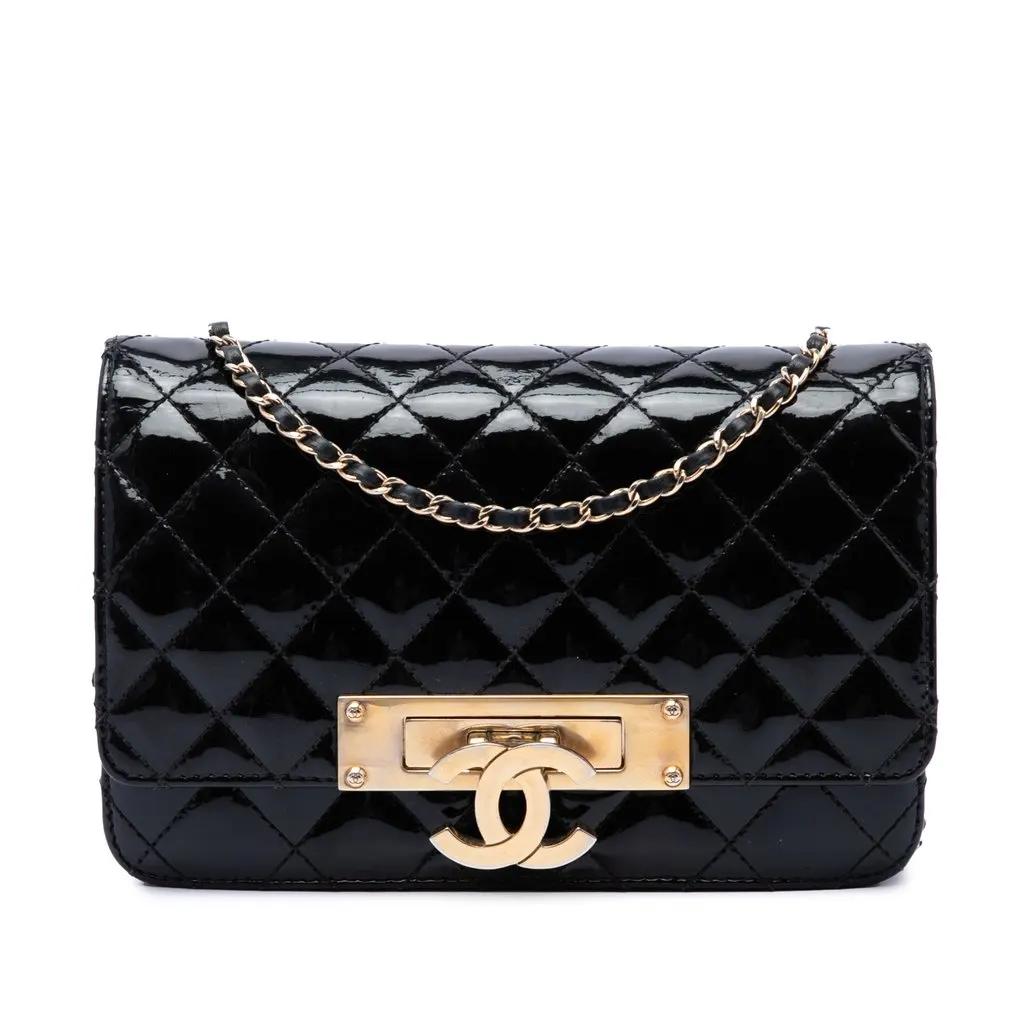 Chanel Quilted Patent Golden Class Wallet on Chain Black Leather Good - Front View