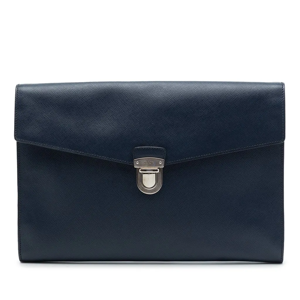 Prada Large Saffiano Lux Envelope Pushlock Clutch Blue Leather Very good - Front View
