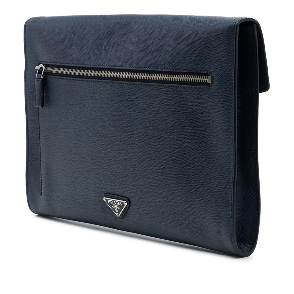 Prada Large Saffiano Lux Envelope Pushlock Clutch Blue Leather Very good - Back View