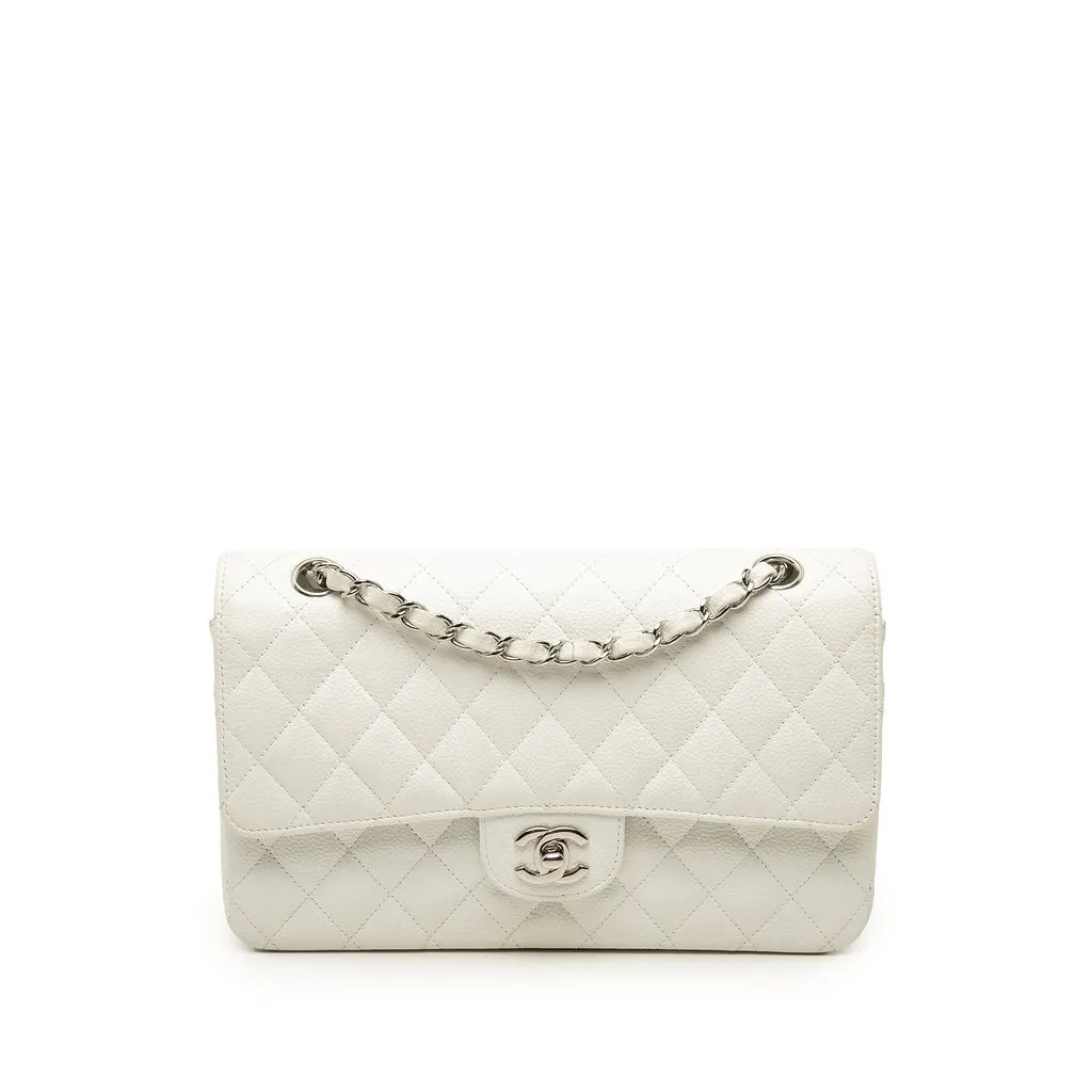 Chanel Medium Classic Caviar Double Flap White Leather Very good - Front View