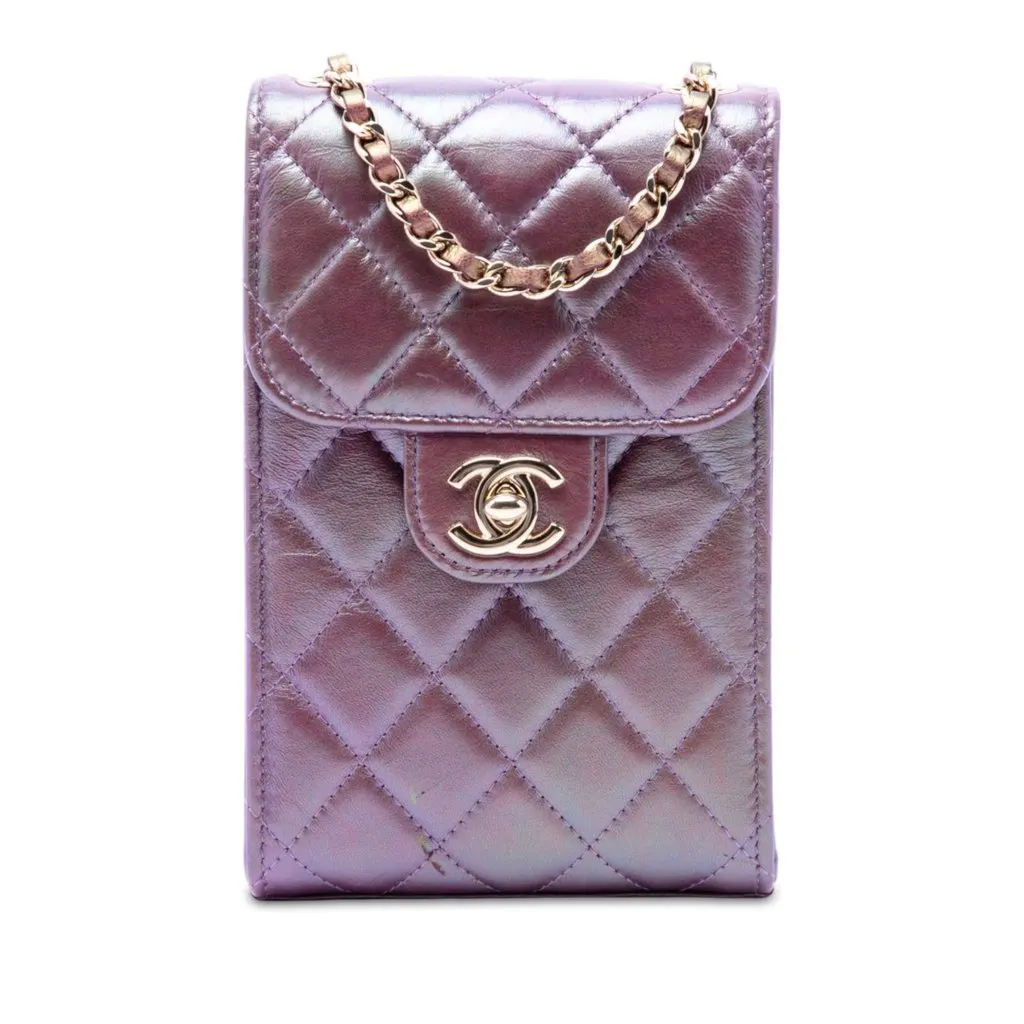 Chanel CC Quilted Iridescent Lambskin Phone Holder with Chain Purple Leather Very good - Front View