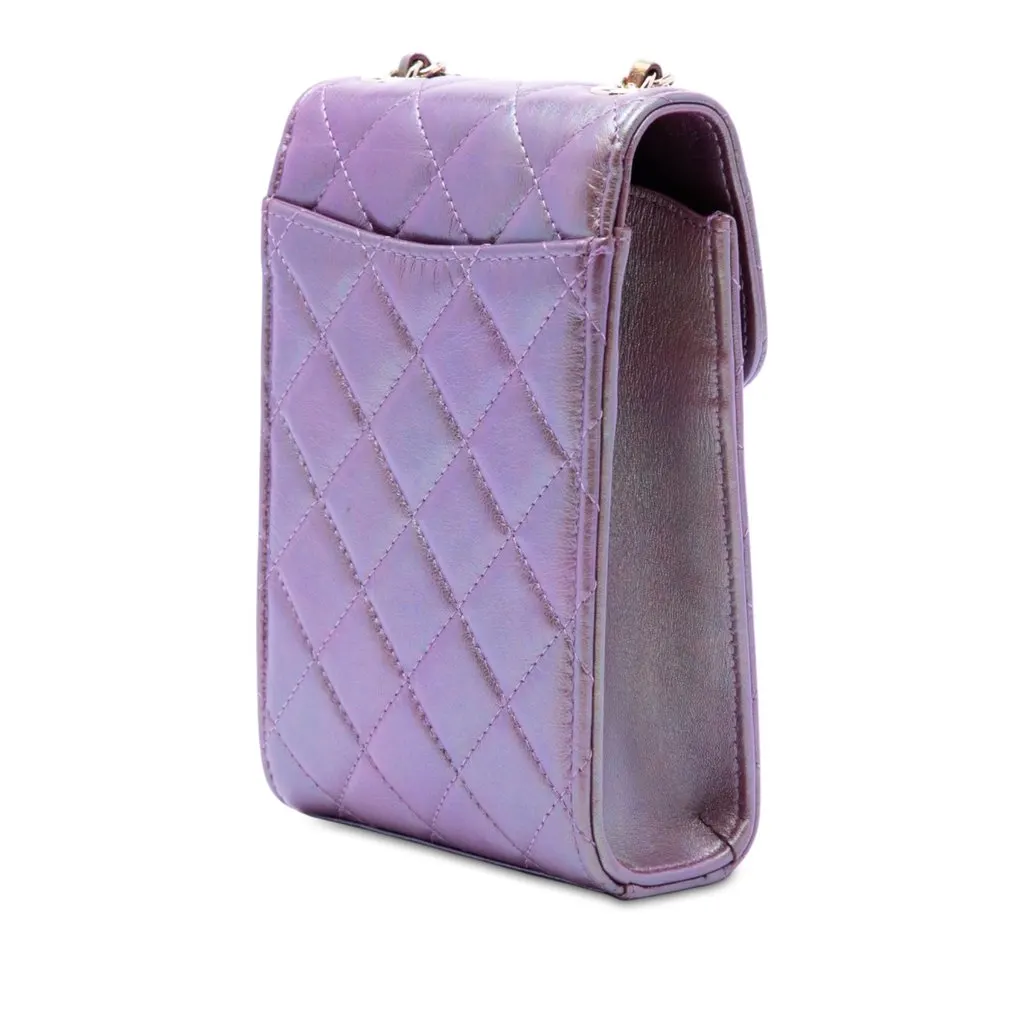 Chanel CC Quilted Iridescent Lambskin Phone Holder with Chain Purple Leather Very good - Back View