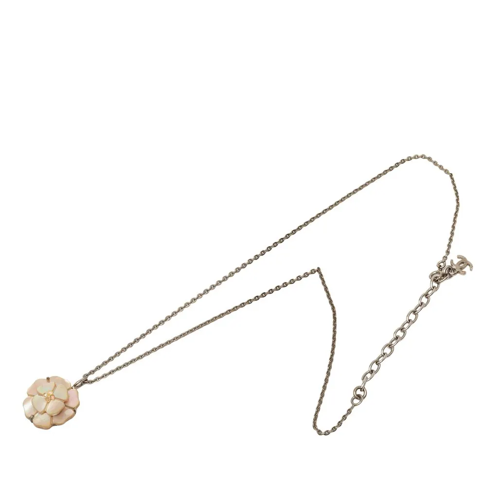 Chanel Brass and Mother of Pearl Camellia Pendant Necklace Silver Metal Very good - Front View