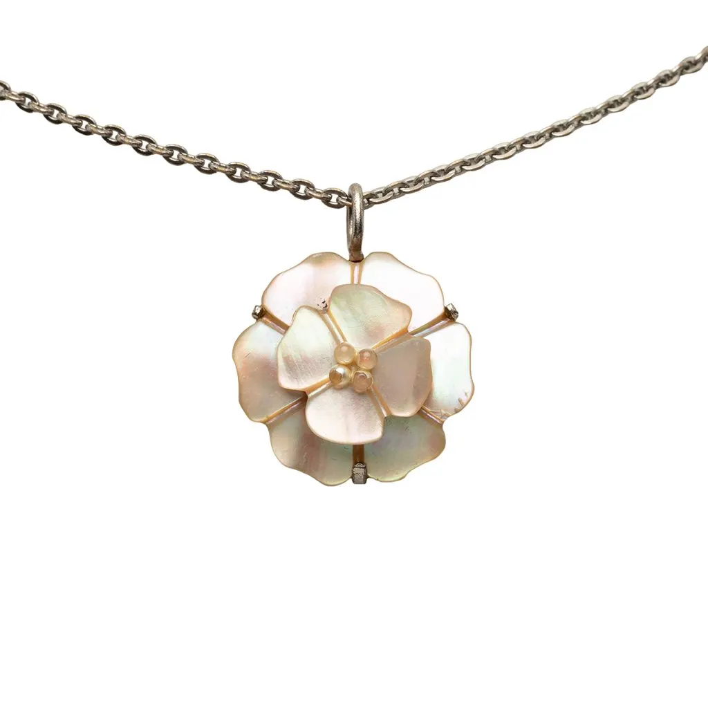 Chanel Brass and Mother of Pearl Camellia Pendant Necklace Silver Metal Very good - Back View