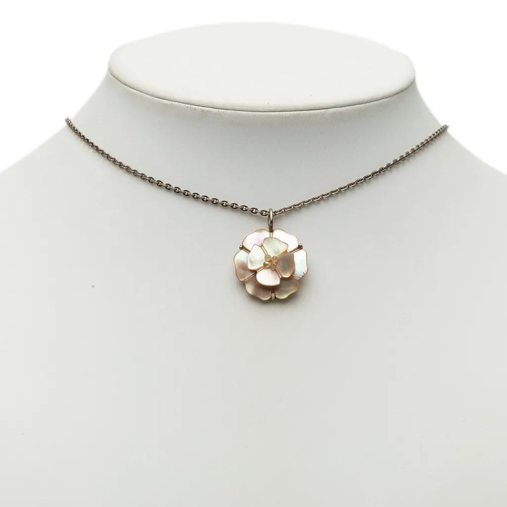 Chanel Brass and Mother of Pearl Camellia Pendant Necklace Silver Metal Very good - Box View