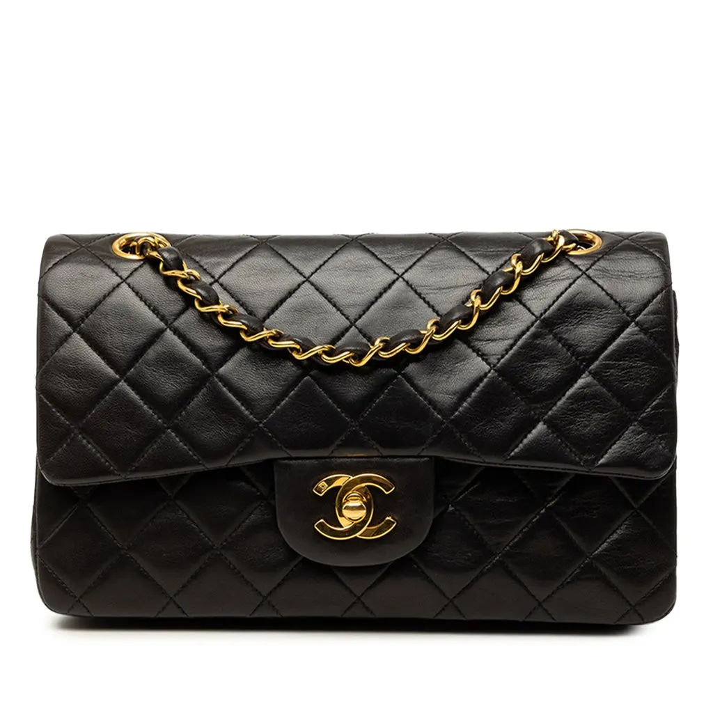 Chanel Small Classic Lambskin Double Flap Black Leather Very good - Front View
