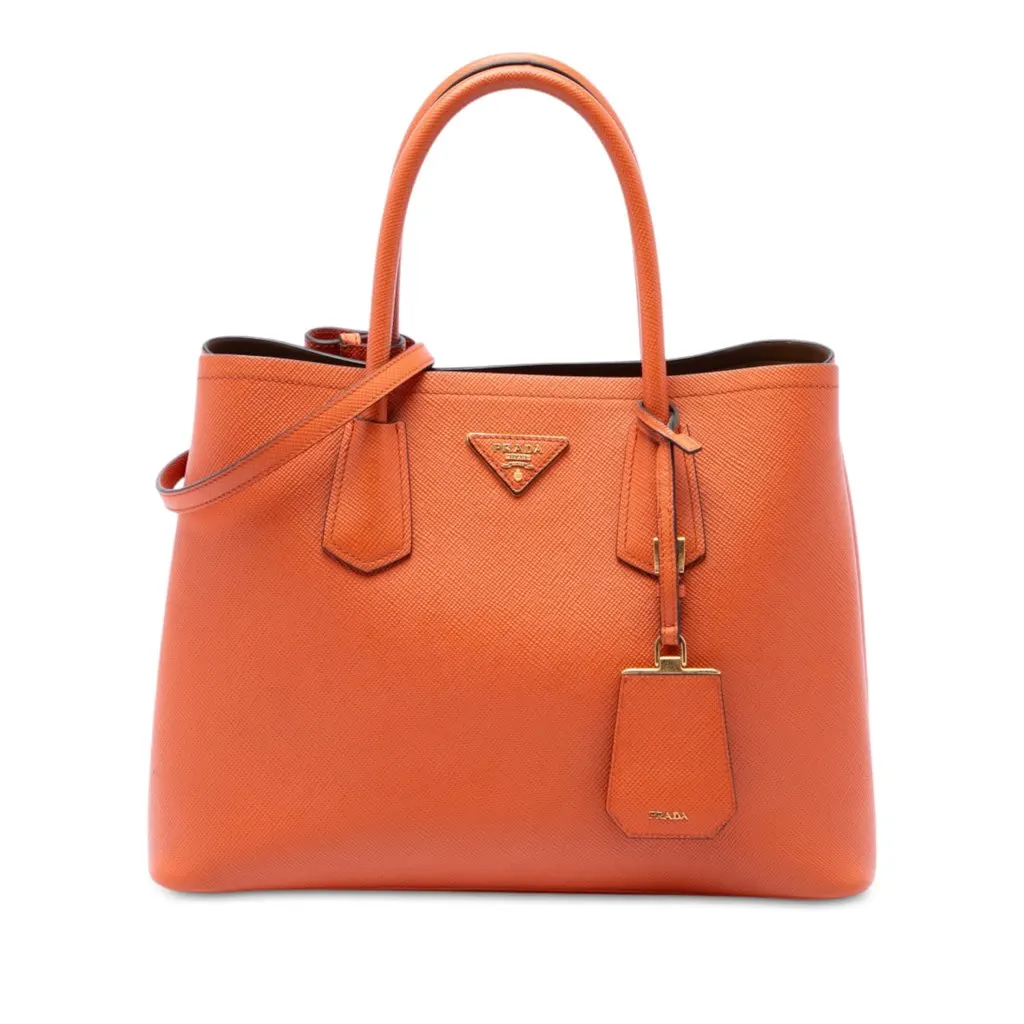 Prada Medium Saffiano Cuir Double Handle Satchel Orange Leather Very good - Front View