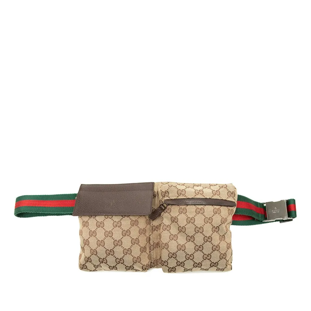 Gucci GG Canvas Web Double Pocket Belt Bag Beige Canvas Good - Front View
