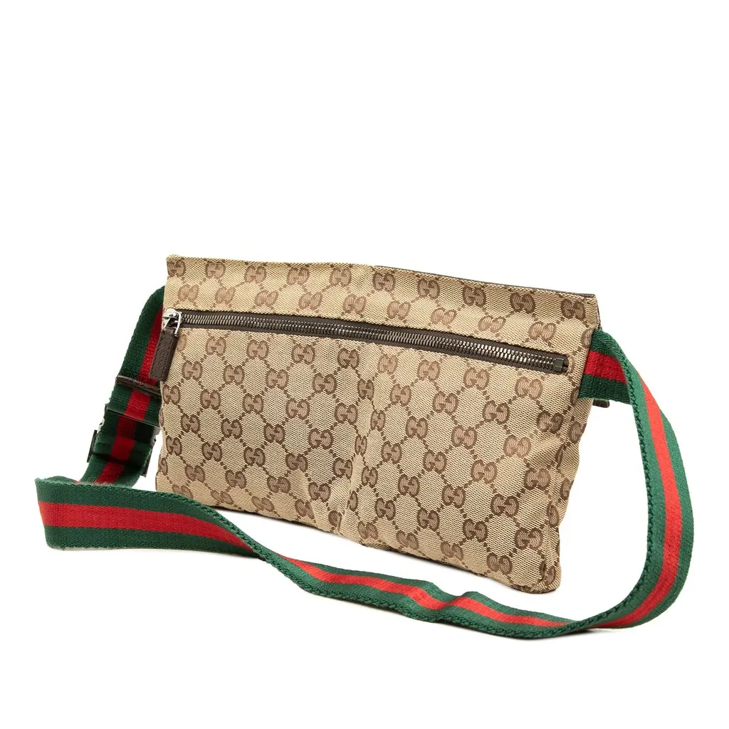 Gucci GG Canvas Web Double Pocket Belt Bag Beige Canvas Good - Back View