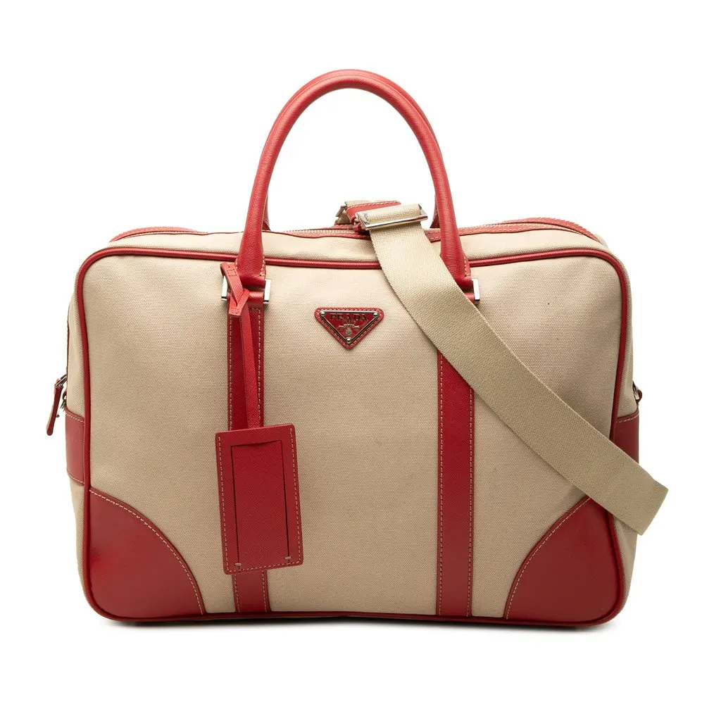 Prada Saffiano Trimmed Canvas Briefcase Beige Canvas Good - Front View