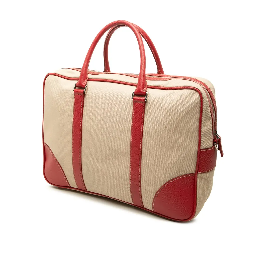 Prada Saffiano Trimmed Canvas Briefcase Beige Canvas Good - Back View