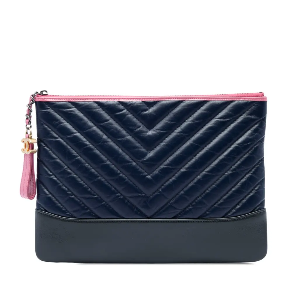 Chanel Medium Chevron Aged Calfskin Gabrielle Cosmetic Clutch Blue Leather Very good - Front View