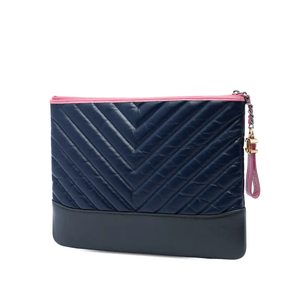 Chanel Medium Chevron Aged Calfskin Gabrielle Cosmetic Clutch Blue Leather Very good - Back View