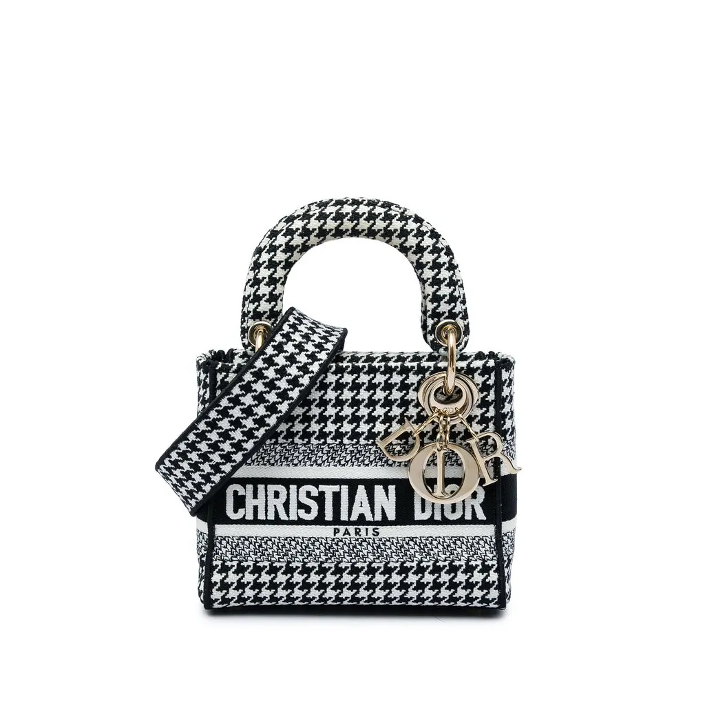 Dior Mini Embroidered Canvas Houndstooth Lady D Lite White Canvas Good - Front View