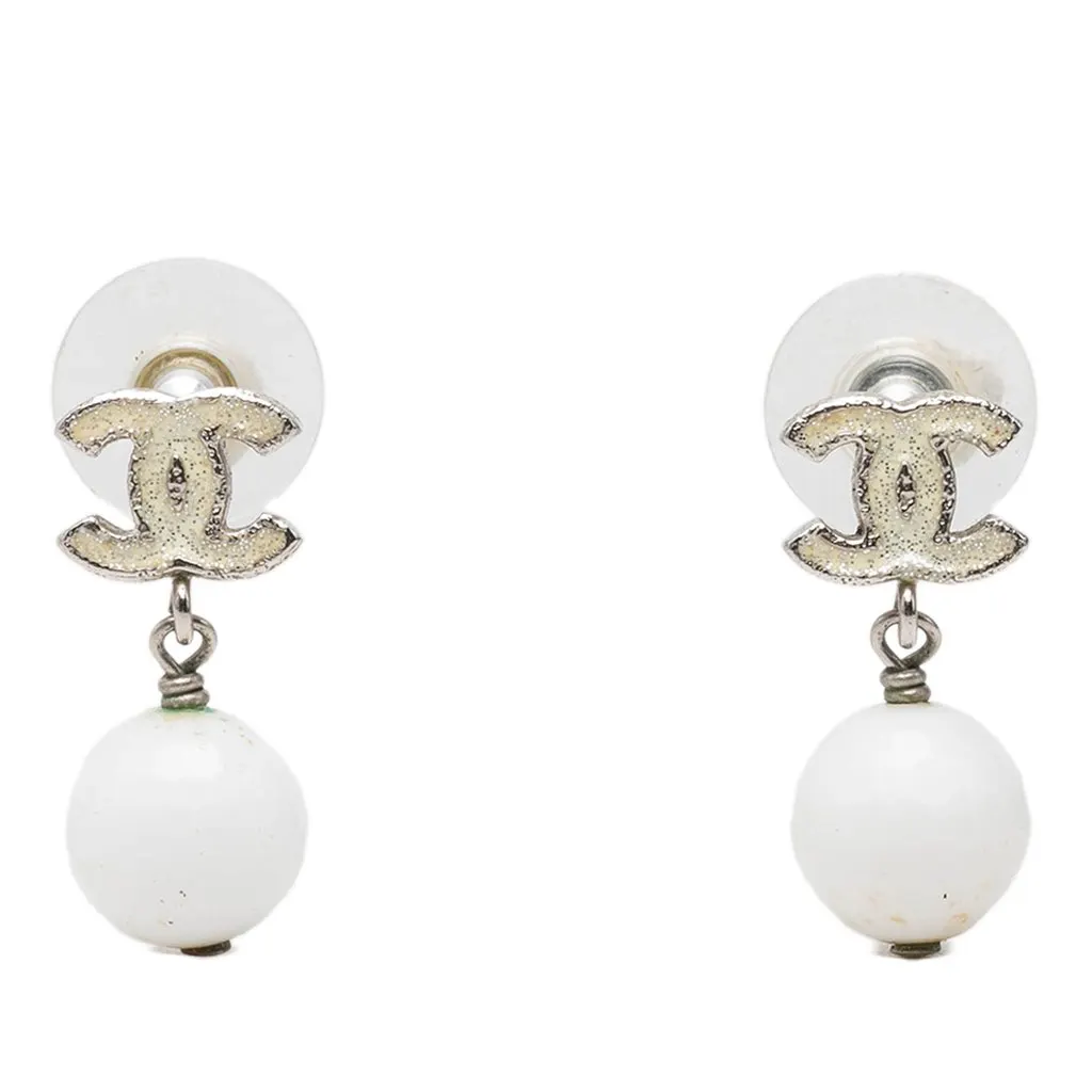 Chanel CC Brass Enamel Faux Pearl Drop Push Back Earrings White Brass Very good - Front View