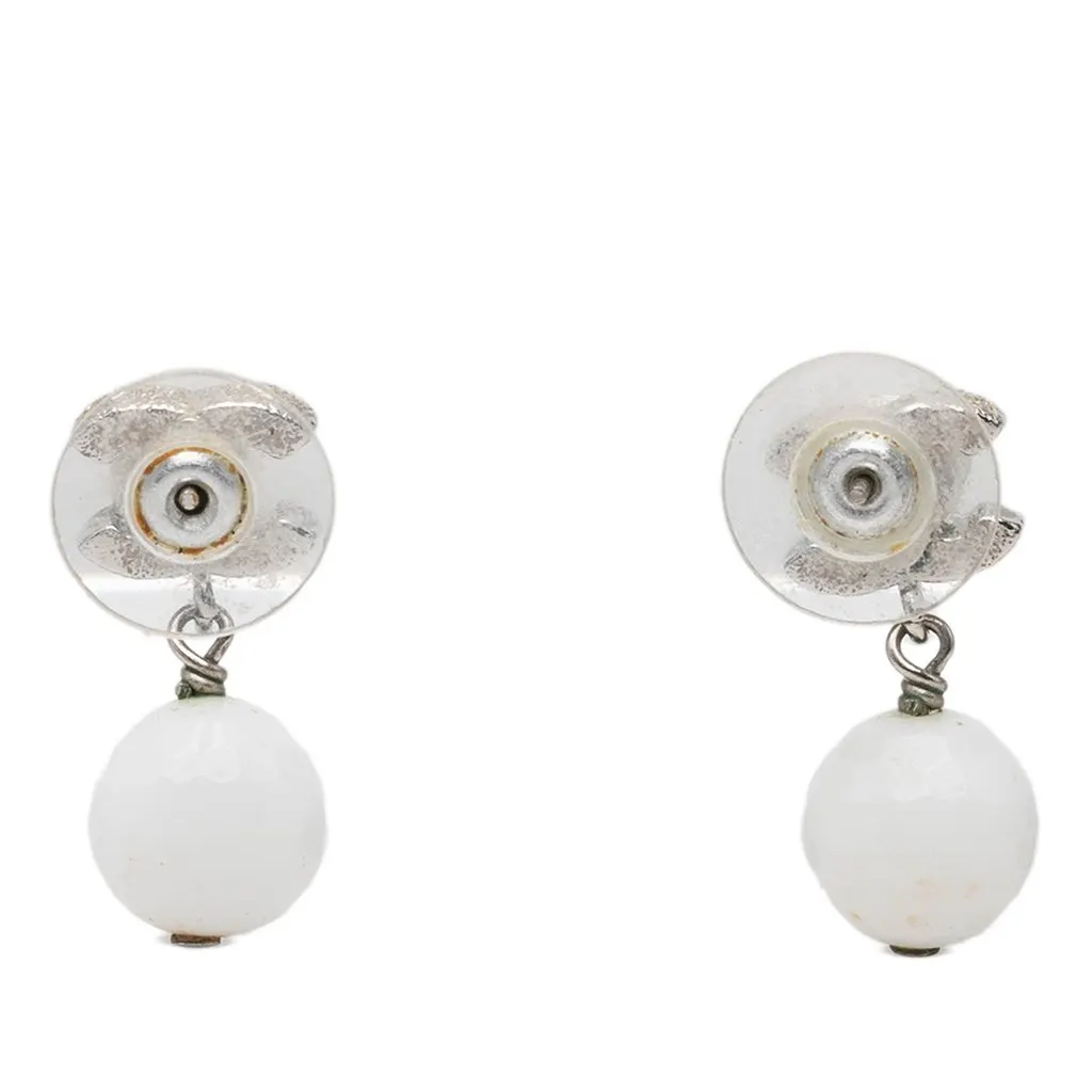 Chanel CC Brass Enamel Faux Pearl Drop Push Back Earrings White Brass Very good - Back View