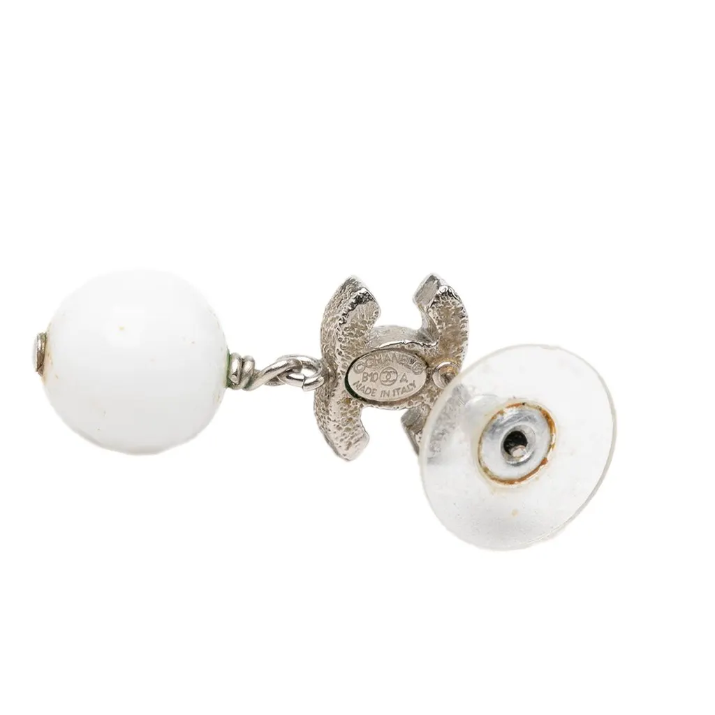 Chanel CC Brass Enamel Faux Pearl Drop Push Back Earrings White Brass Very good - Inside View